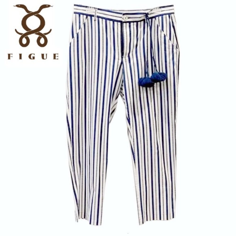 FIGUE Zuri Pants Blue White  Striped Cotton Tassel Mid-rise Casual Pockets SZ 8